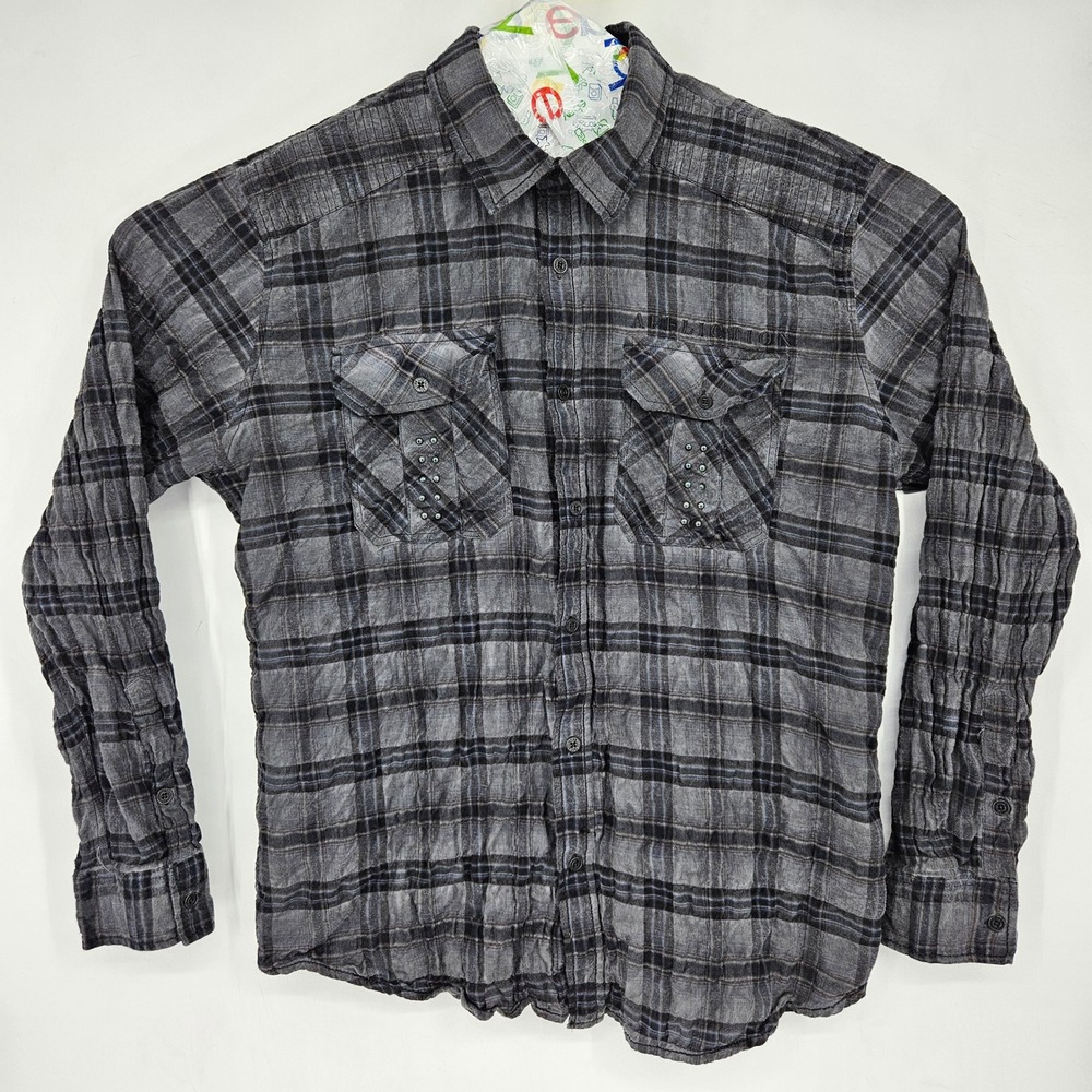 Affliction Shirt Mens 2XL Black Plaid Western Button Up Embroidered Long Sleeve